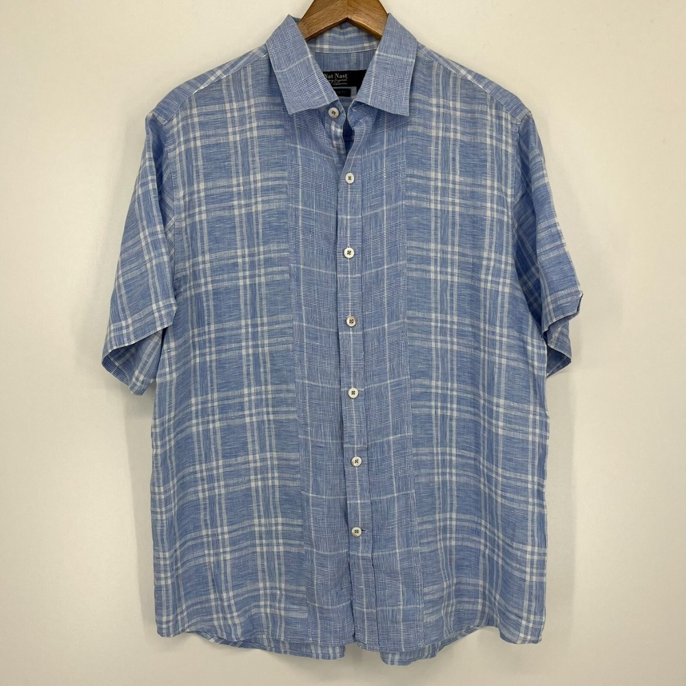 Nat Nast Luxury Originals Mens Medium Blue White Plaid 100% Linen Button Down